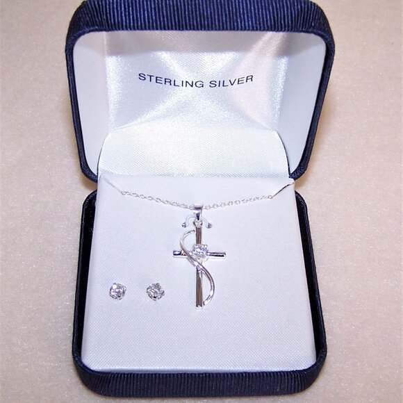Sterling Silver & Crystal Religious Cross Necklace / Stud Earrings in Orig Box - Picture 1 of 6